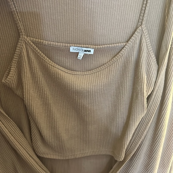 Fashion Nova Tan Long Ribbed Cardigan w/ matching spaghetti strap crop top Large - Picture 15 of 15